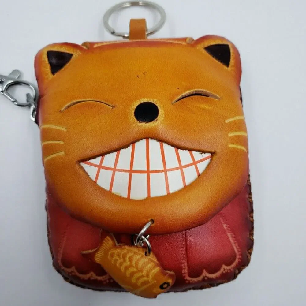 Lucky Cat Coin Purse Leather Maneki Neko Wallet Keychain Fish Charm - Picture 2 of 14